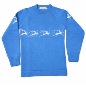 Vintage Vermont Originals Fair Isle Reindeer Bold Blue Long Sleeve Knit Sweater